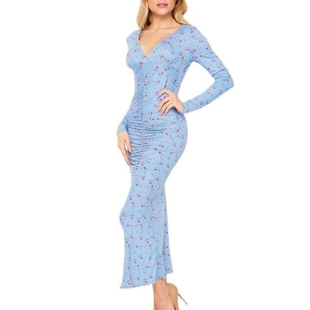 NEW Velvet Torch Floral Ruched Front Long Sleeve Midi Dress Blue